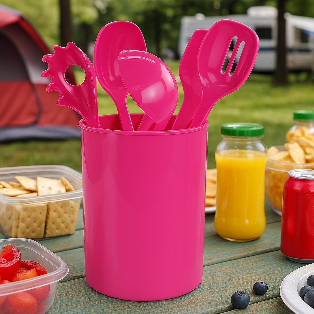 Reston Lloyd 6 Piece Kitchen Utensil Holder for kitchen counter, Utensils crock with Heat Resistant Spoon, Slotted Spoon, Ladle, Spatula BPA Free, Magenta