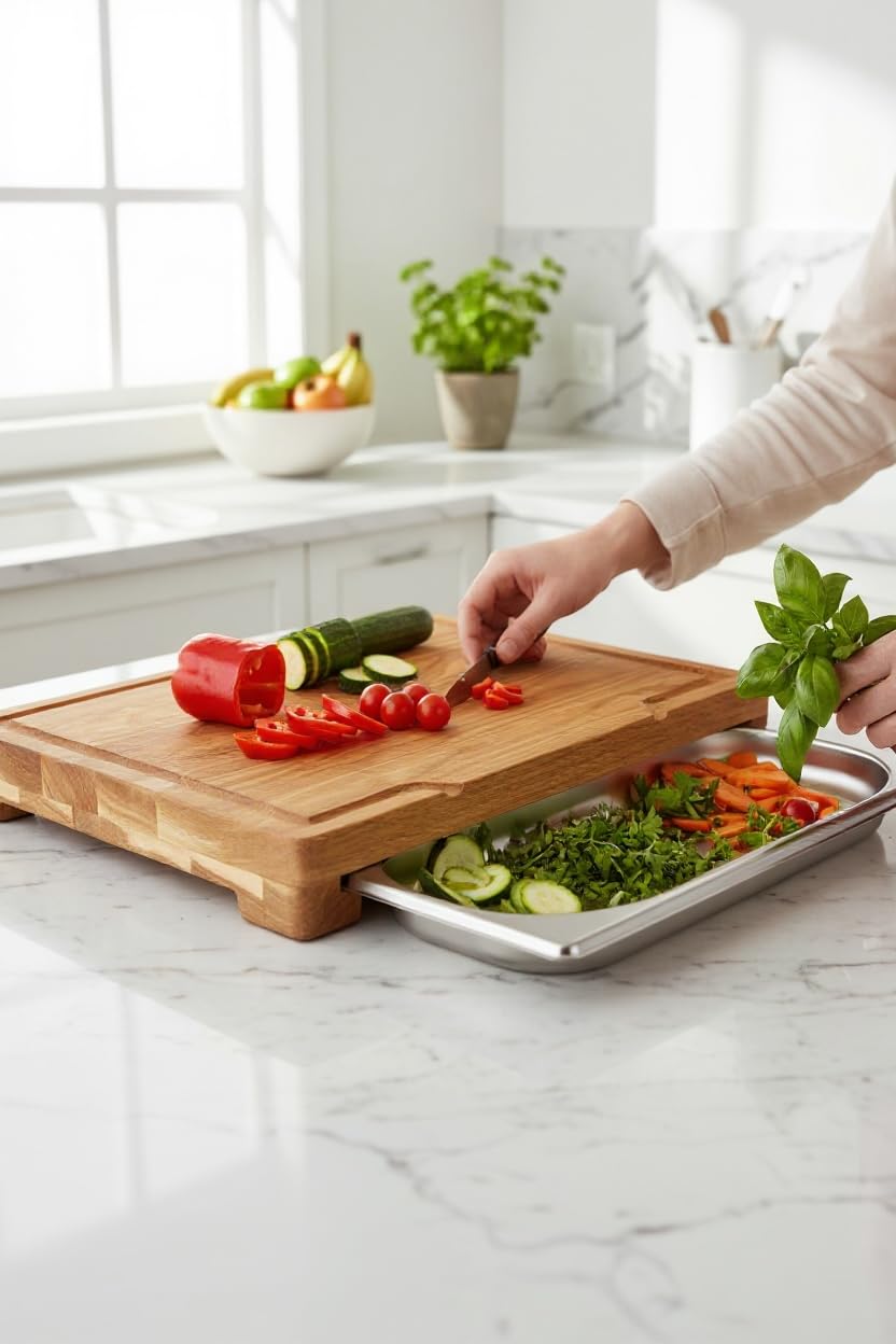 B4K® Tagliere in rovere con cassetto in acciaio inox, 37 x 27 x 4,2 cm, con scanalatura e vaschetta di raccolta, tagliere in legno massello – robusto tagliere da lavoro circa 2 kg