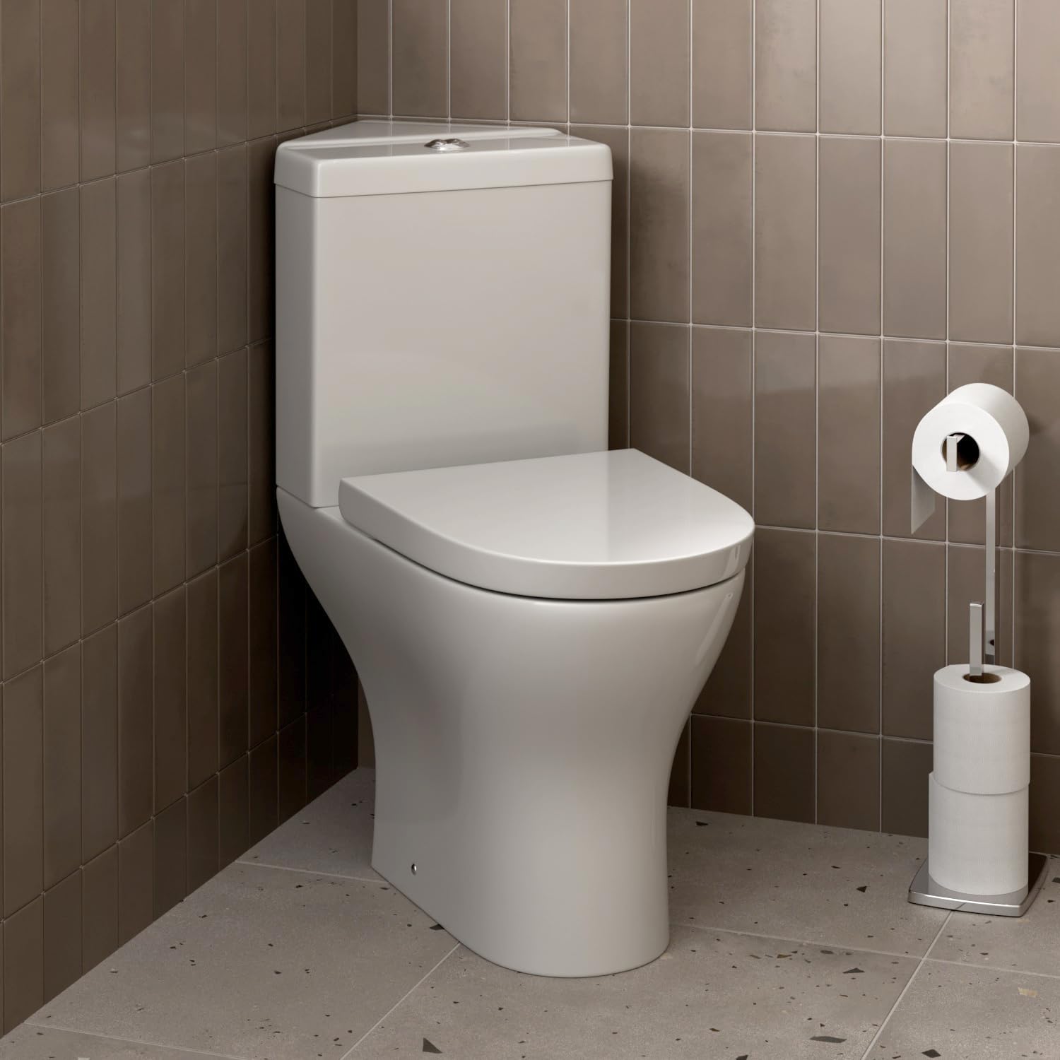 Affine Arles Affine® Modern Bathroom Cloakroom Close Coupled Corner Toilet Wc Toilets Soft Close Seat Dual Flush Cistern D Shape Pan Ceramic, White Gloss