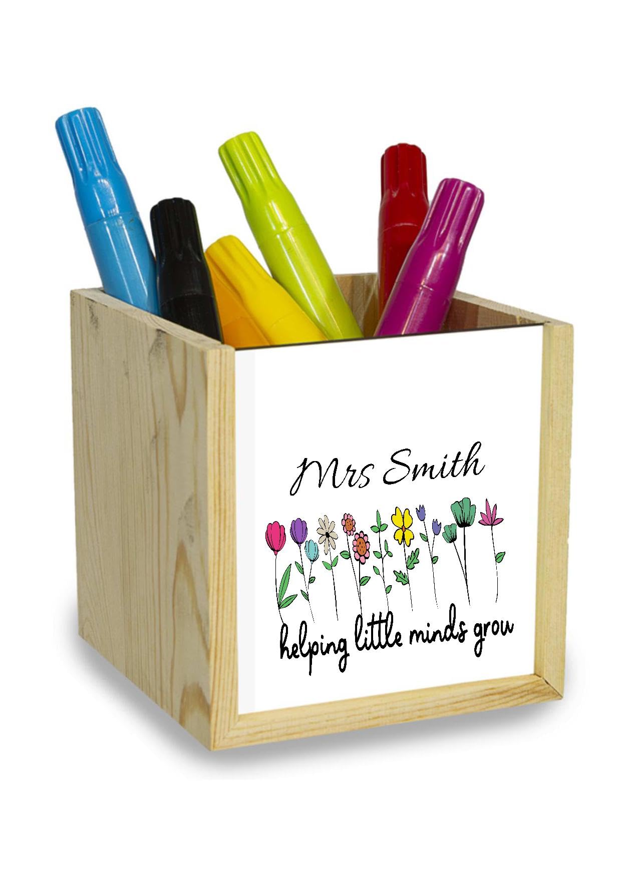 TM THREADS Personalised Wooden Teacher Pen Holder, Desk Tidy with Floral Design, Thank You Gift,Teacher Thank You Present, Teacher Desk Tidy