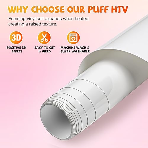 Miniatura 5 de VinylRus Vinilo de transferencia de calor 3D blanco de 12 pulgadas x 6 pies, vinilo para planchar para camisetas, rollo de vinilo HTV para