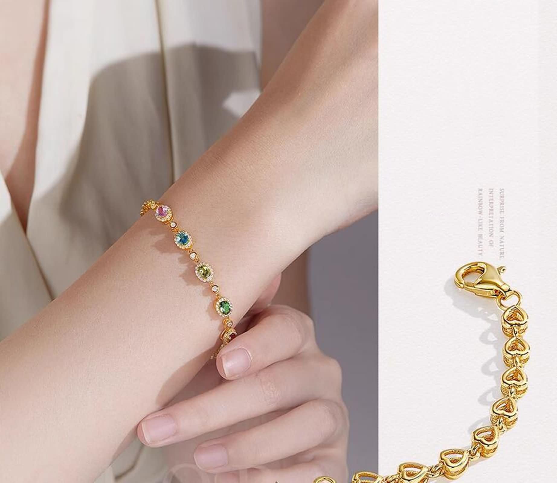Armbänder Damen Freundschaft, Friendship Bracelet Kit Oval mit 1,6 ct Bunten Natürlichen Edelsteinen und Zirkonia Gelbgold