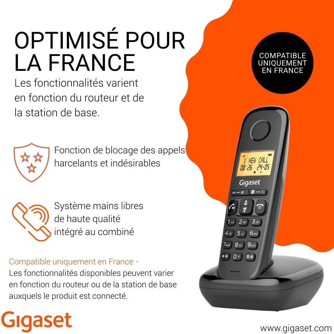 Gigaset Start 120 - Téléphone DECT, Blocage d’appels, Écran rétroéclairé de 1,5", appels Mains Libres, Liste de Contacts VIP, Jusqu'à 11 Heures d'autonomie, Anthracite [Version Française] - 2