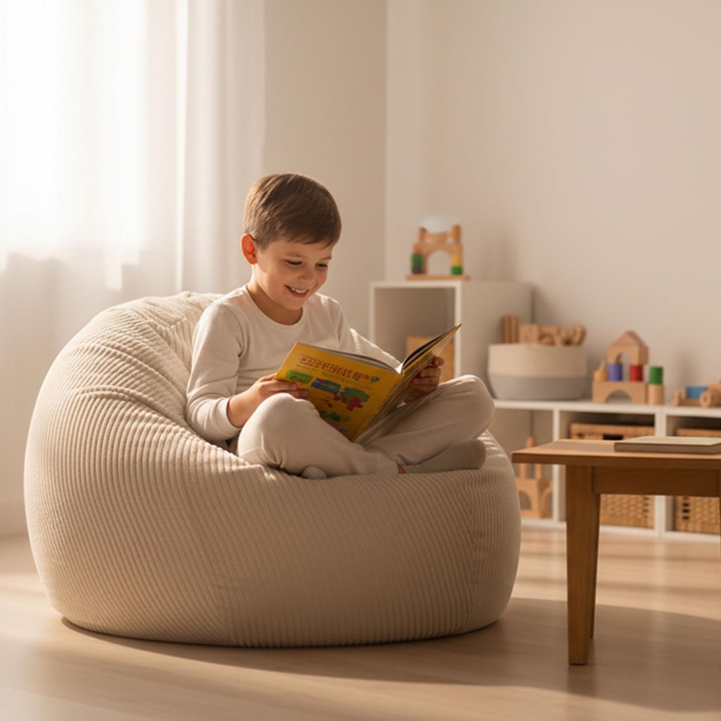 LIVEDECO - Pouf Poire Déhoussable avec Billes, Velours Côtelé Beige, Intérieur pour Salon, Chambre - BiG52