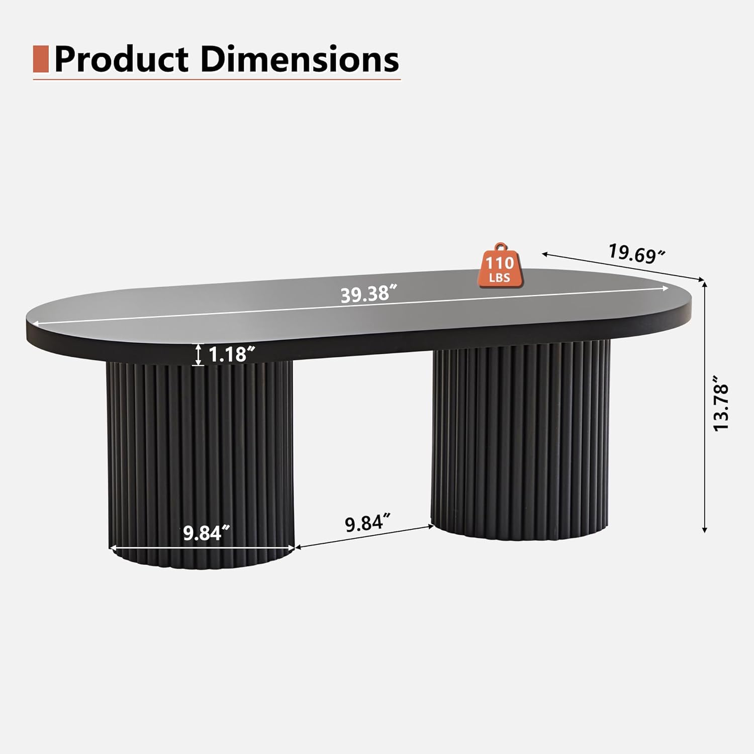 Oval Fluted Coffee Table, Farmhouse Wood Coffee Table Mid Century Modern Center Table Boho Living Room Tables for Living Room Office (Black, 19.69" D x 39.38" W x 13.78" H)
