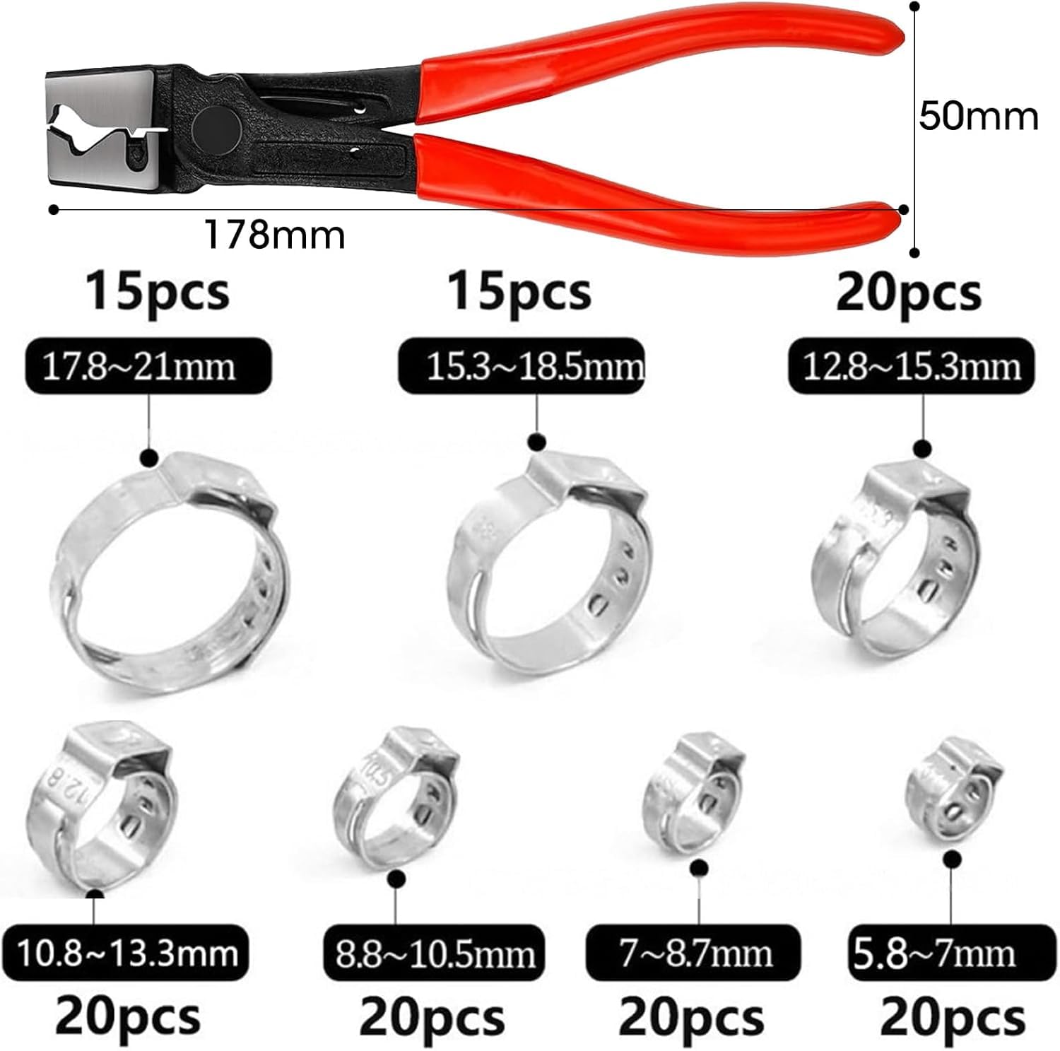Lot de 130 Collier De Serrage Inox 5,8 à 21 mm Colliers de Serrage à Oreille Unique avec Pinc pour Canalisations, Conduites de Carburant et Automobile (Argent)