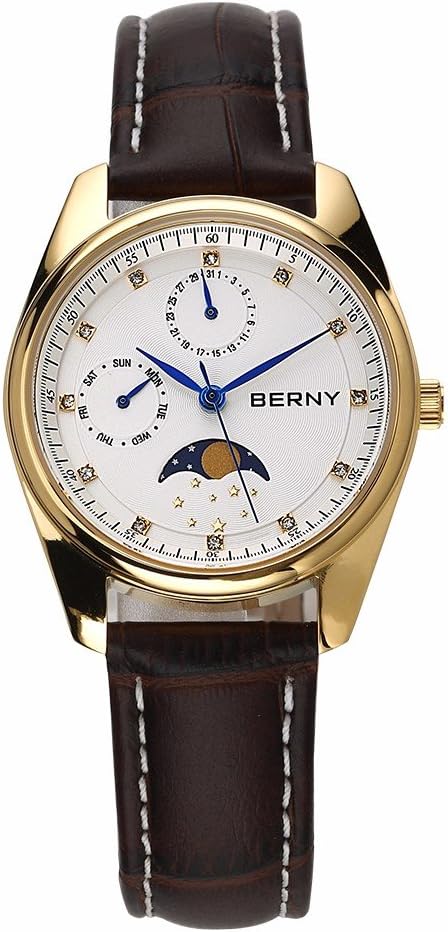 BERNY 2160 Women Moonphase Watch, Brown Calfskin Strap, Gold Case, Japan Movts