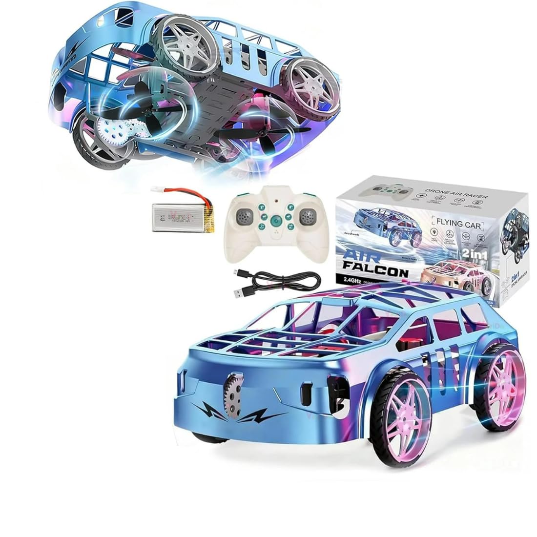 VikriDA 2-in-1 Land & Air RC Flying Car Toy, 2.4G Remote Control Drone Car with One-Key Takeoff & Landing, Dual Mode RC Vehicle for Kids Boys Girls - Multicolor-image-20