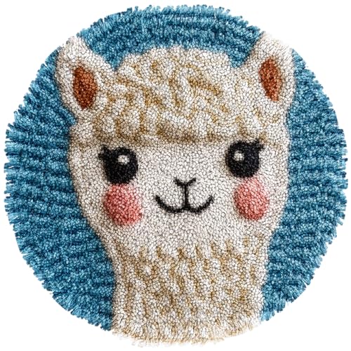 Latch Hook Mini Rug Kit Cute Baby Alpaca Easy for Beginners Round Shape Carpet Crochet Yarn Craft DIY Hook and Latch Little Tapestry for Home Decor 30x30cm(1)