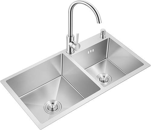 Double sink kitchen sink with drain pipe, drain basket and soap dispenser (Tap Excluded)