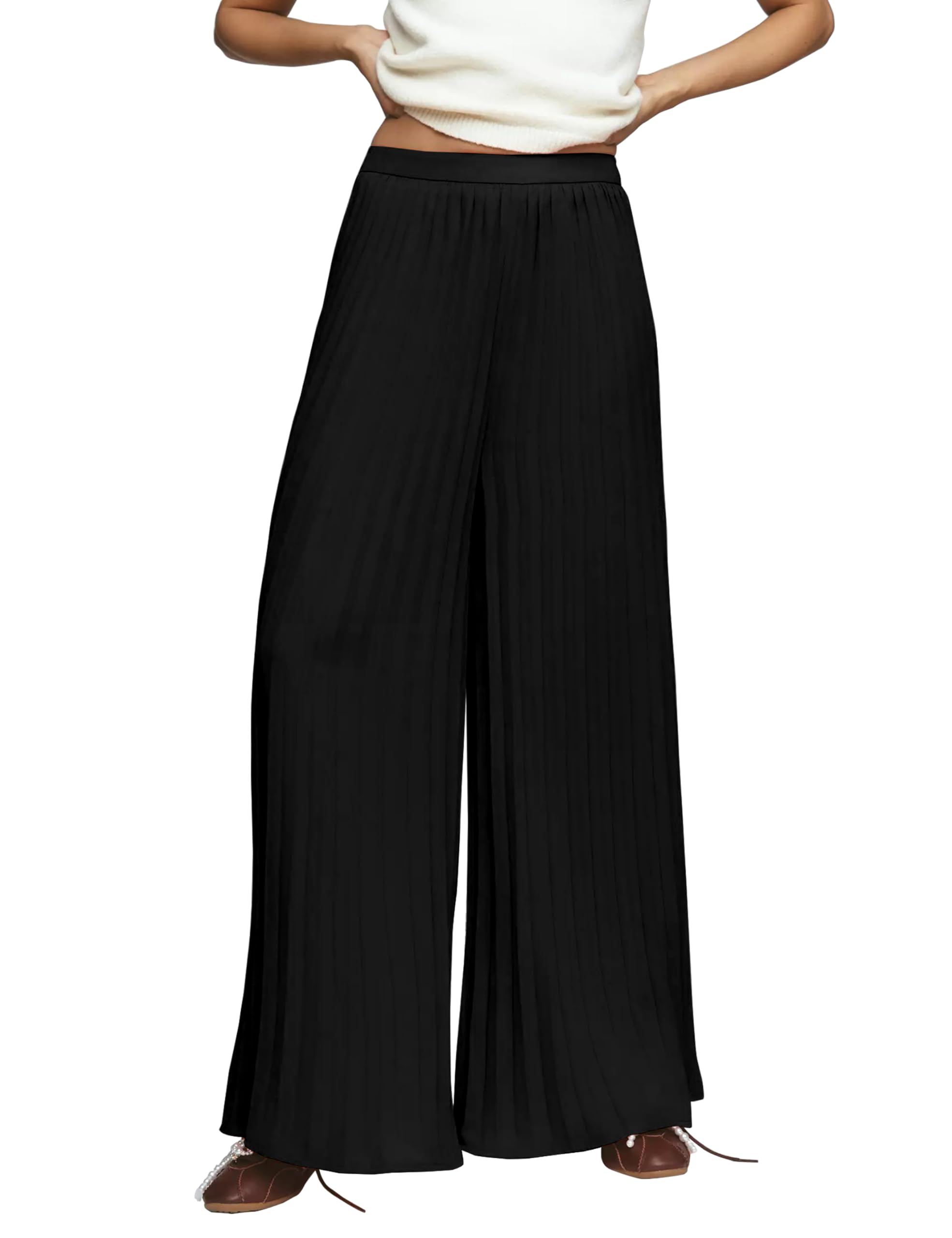 Womens Wide Leg Pleated Pants High Waisted Flowy Loose Dressy Casual Long Trousers
