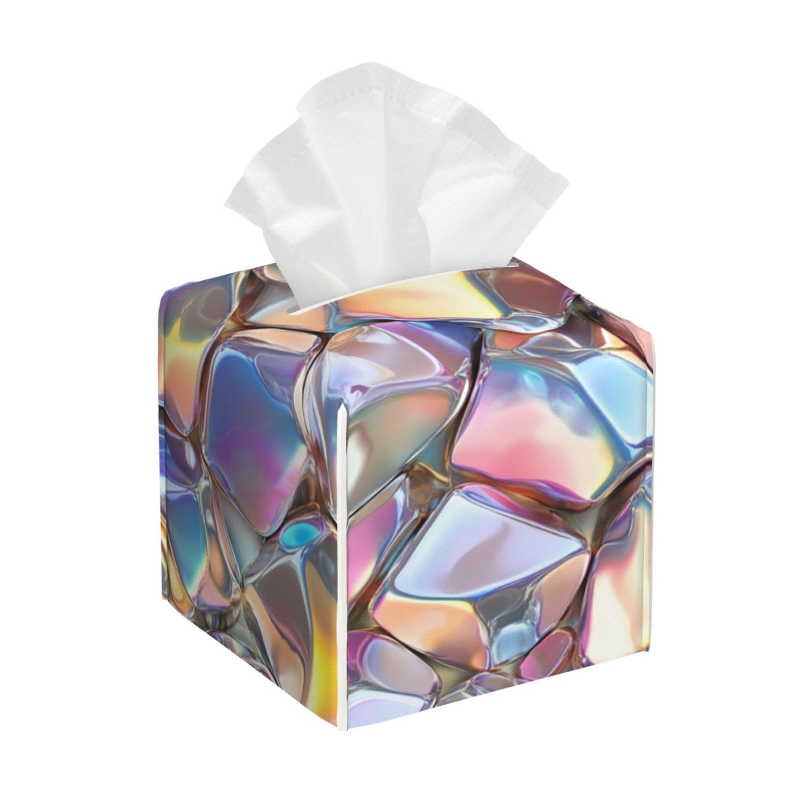 Iridescent Gemstones Tissue Box Cover Square Pu Leather Waterproof Tissue Box Holder for Car Bathroom Bedroom Office Tabletop Decor