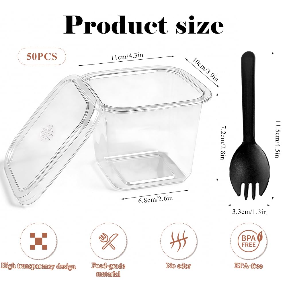 50 bicchieri da dessert in plastica da 360 ml, con coperchio e cucchiaio, riutilizzabili, trasparenti, quadrati, per la casa, dessert, budino, mousse, gelato, feste, matrimoni