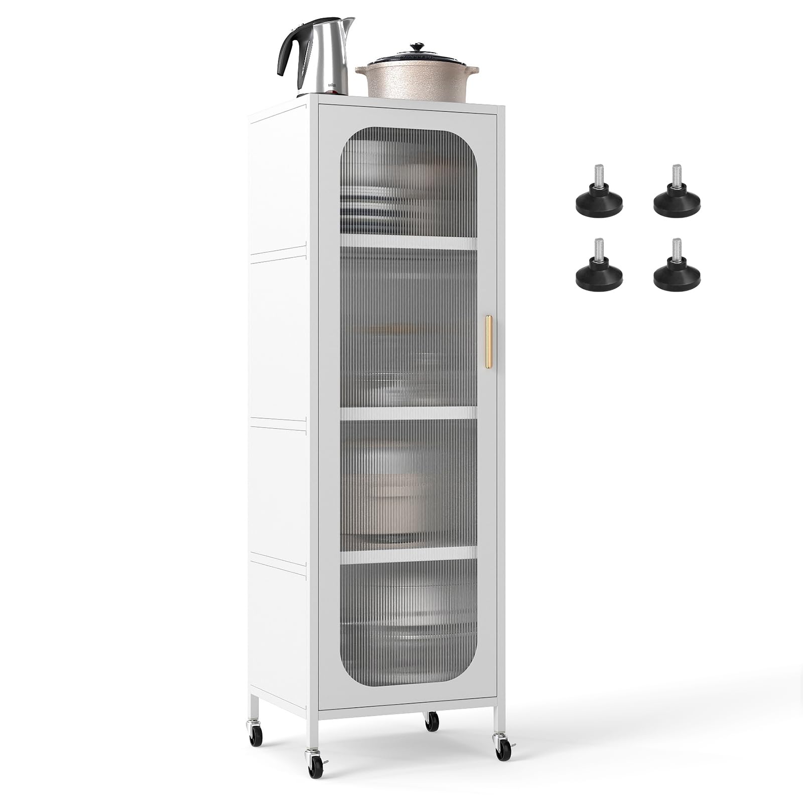 COSTWAY Tall Kitchen Cupboard, 5-tier Buffet Pantry Storage Cabinet with Adjustable Shelves, 2 Base Options, Semi-Transparent Door & Anti-tipping Device, Freestanding Narrow Sideboard Unit (White)