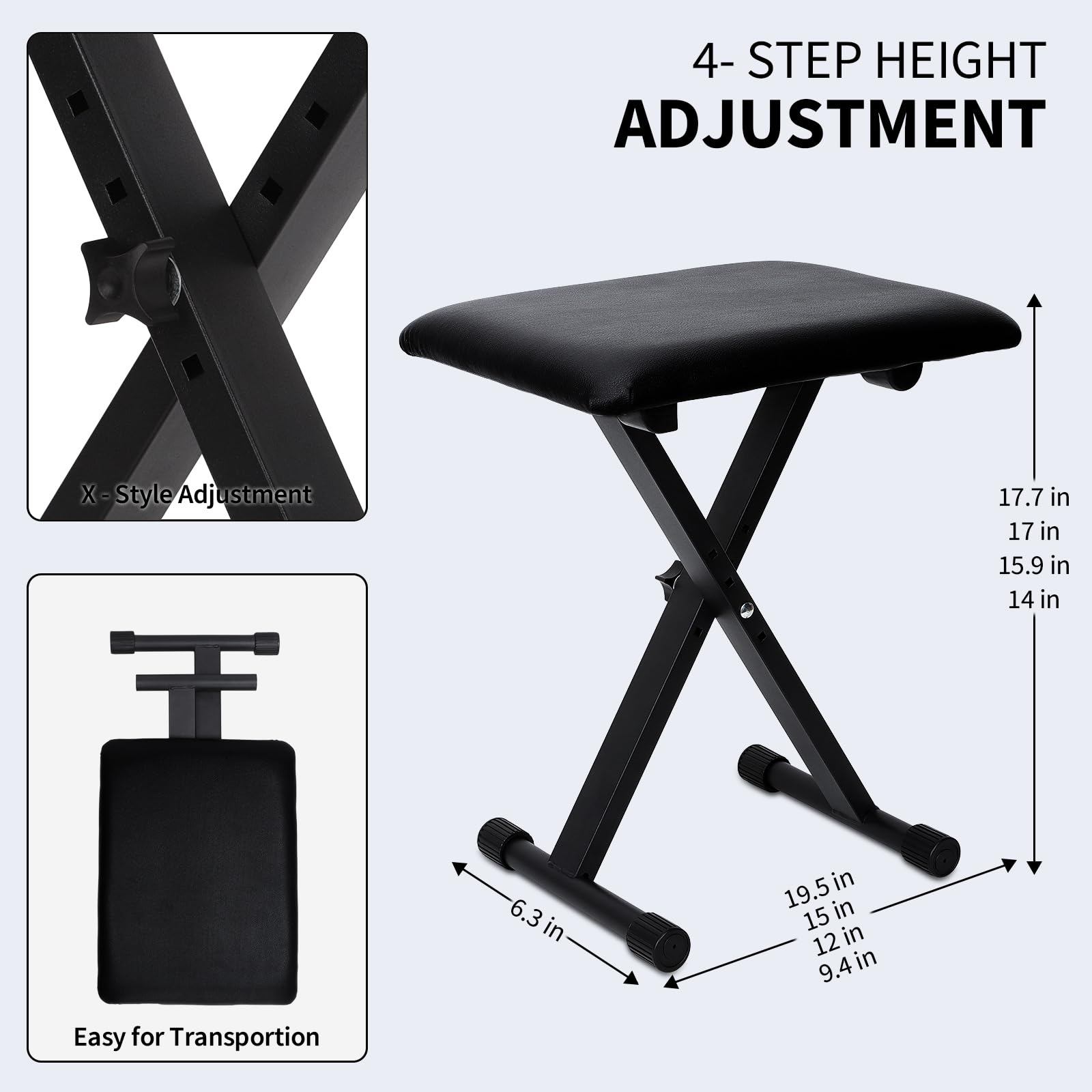 Banco de piano, banco de teclado, estilo X, acolchado, ajustable, portátil, plegable, impermeable y antideslizante