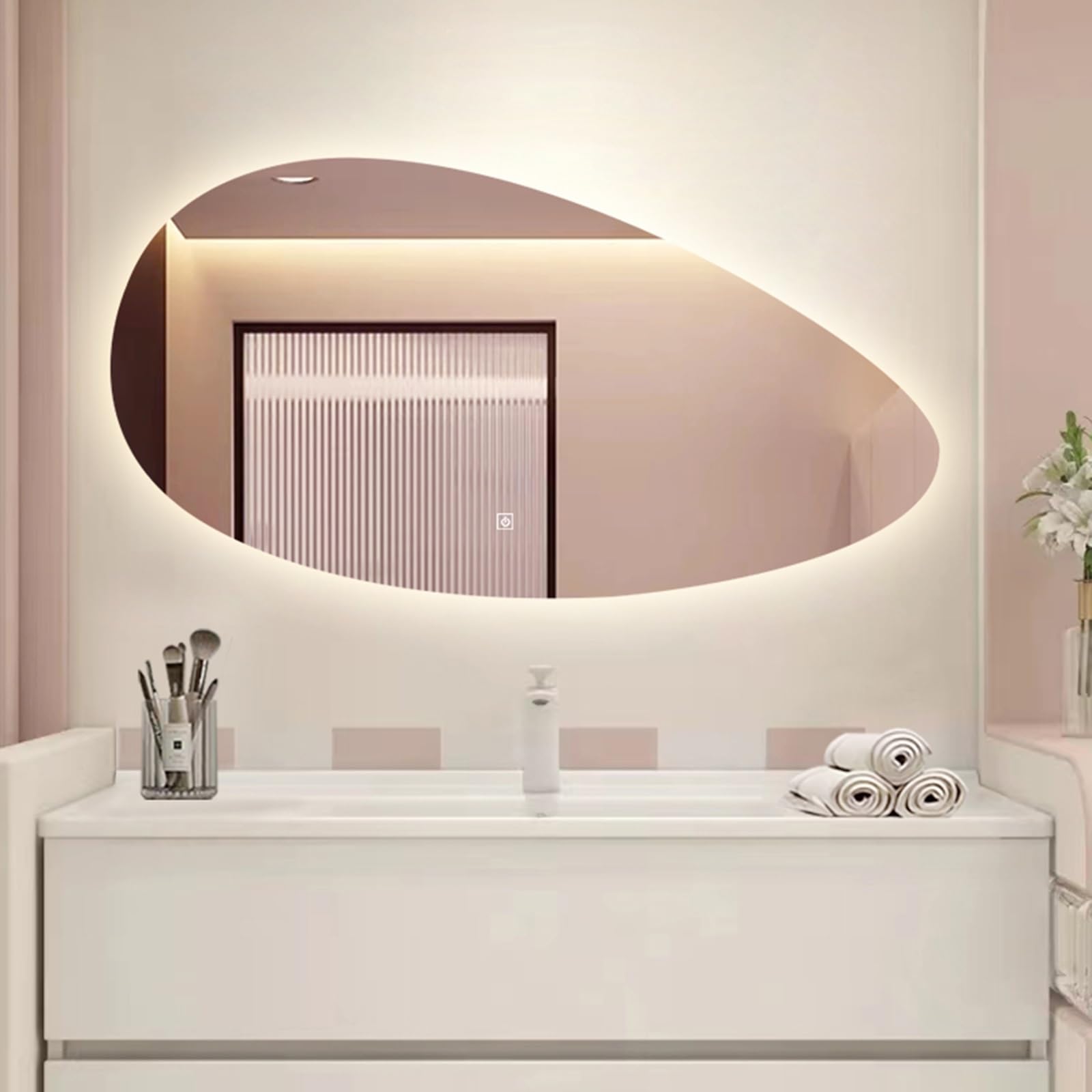 Specchio Ovale Irregolare Illuminato, Specchio da Parete per Bagno, 50X80CM/60X90CM/60X100CM Specchio cosmetico Asimmetrico con Luci a LED, Dimmerabile, Funzione di Memoria (Size : 50x80cm)