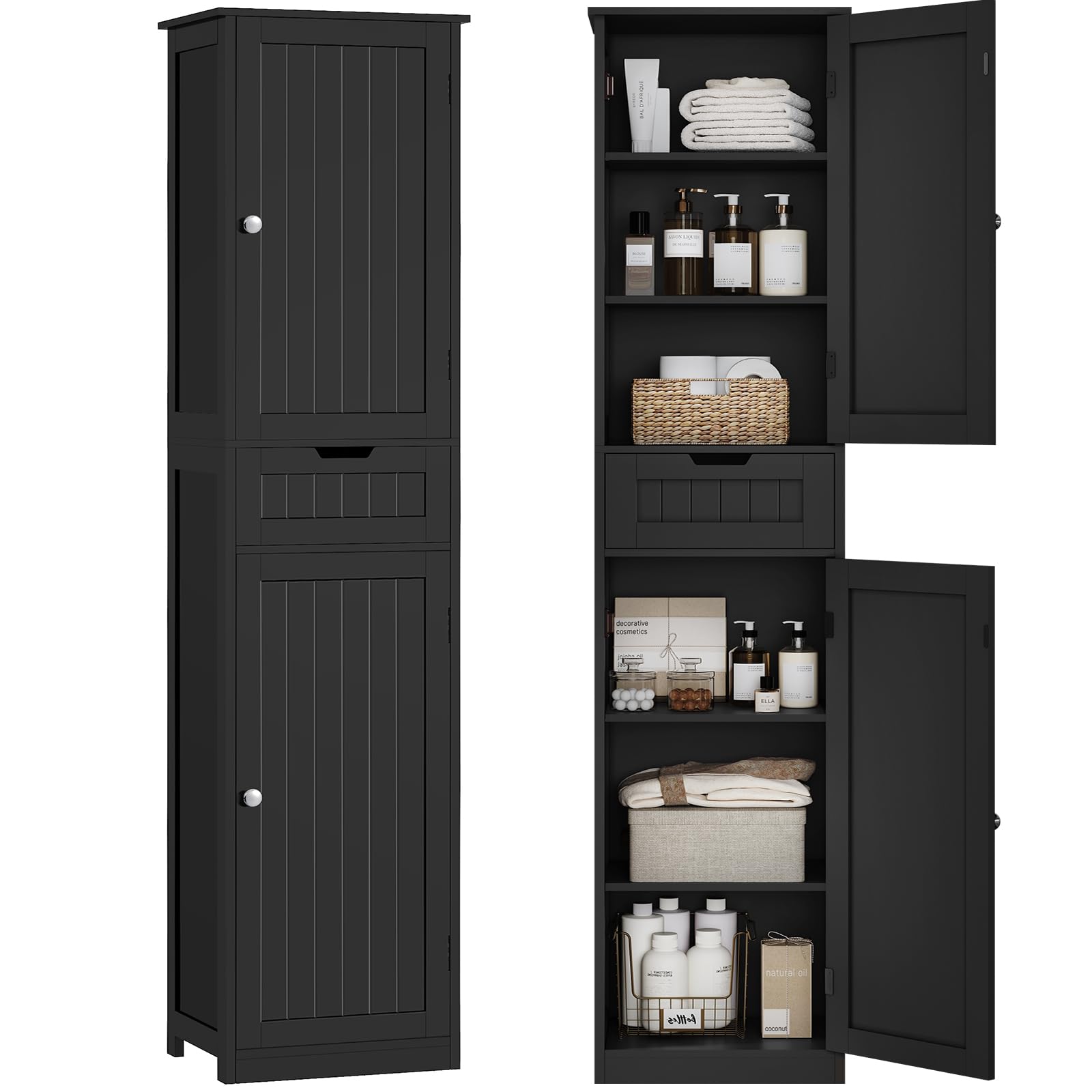 TEENFON 66.9" H Tall Storage Cabinet with 2 Doors and 1 Drawer, Narrow Black Cabinet with Adjustable Shelves, for Bathroom, Living Room, Entryway, Kitchen, Black