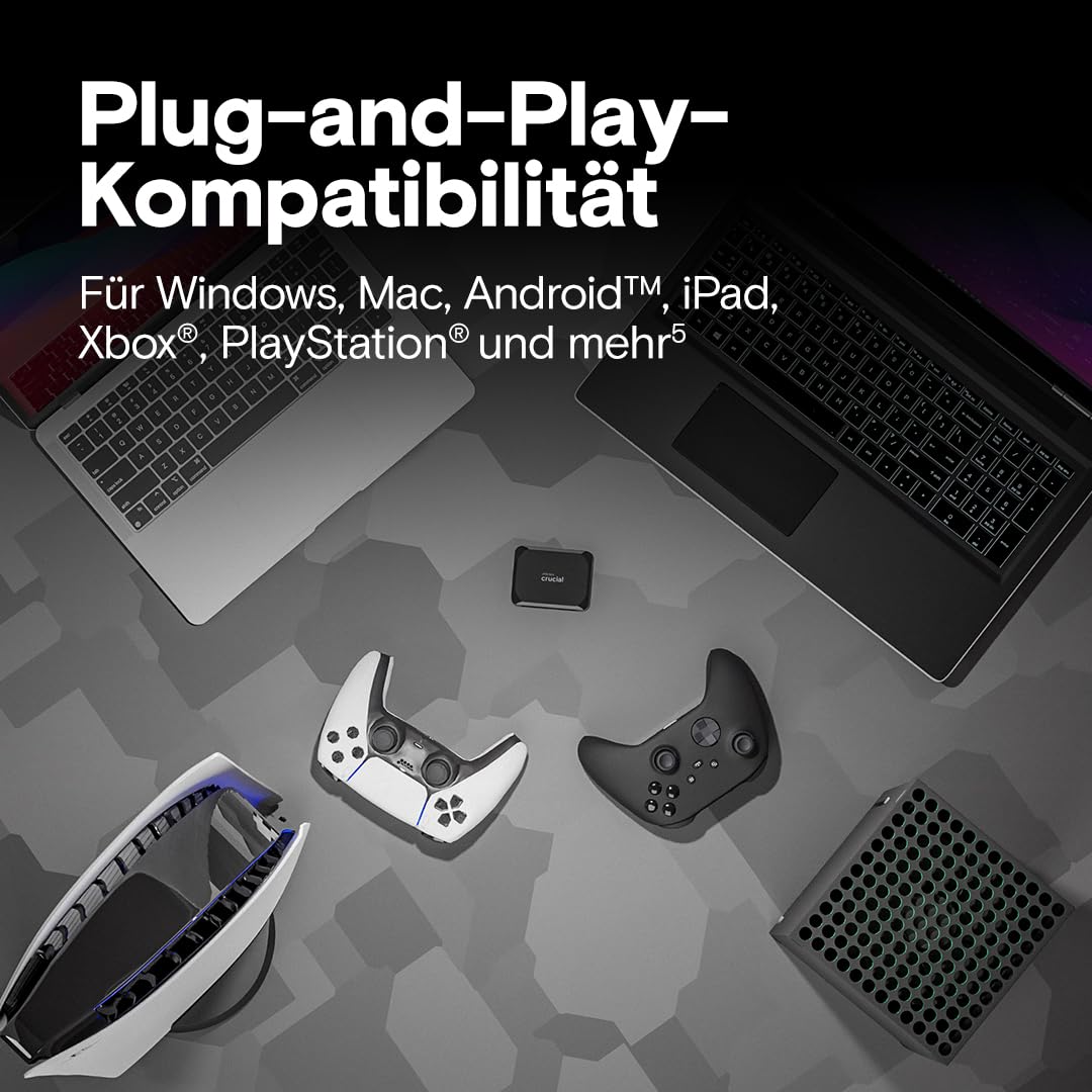 Crucial X9 1TB Externe SSD Festplatte, bis zu 1050MB/s, USB-C 3.2 Portable Solid State Drive