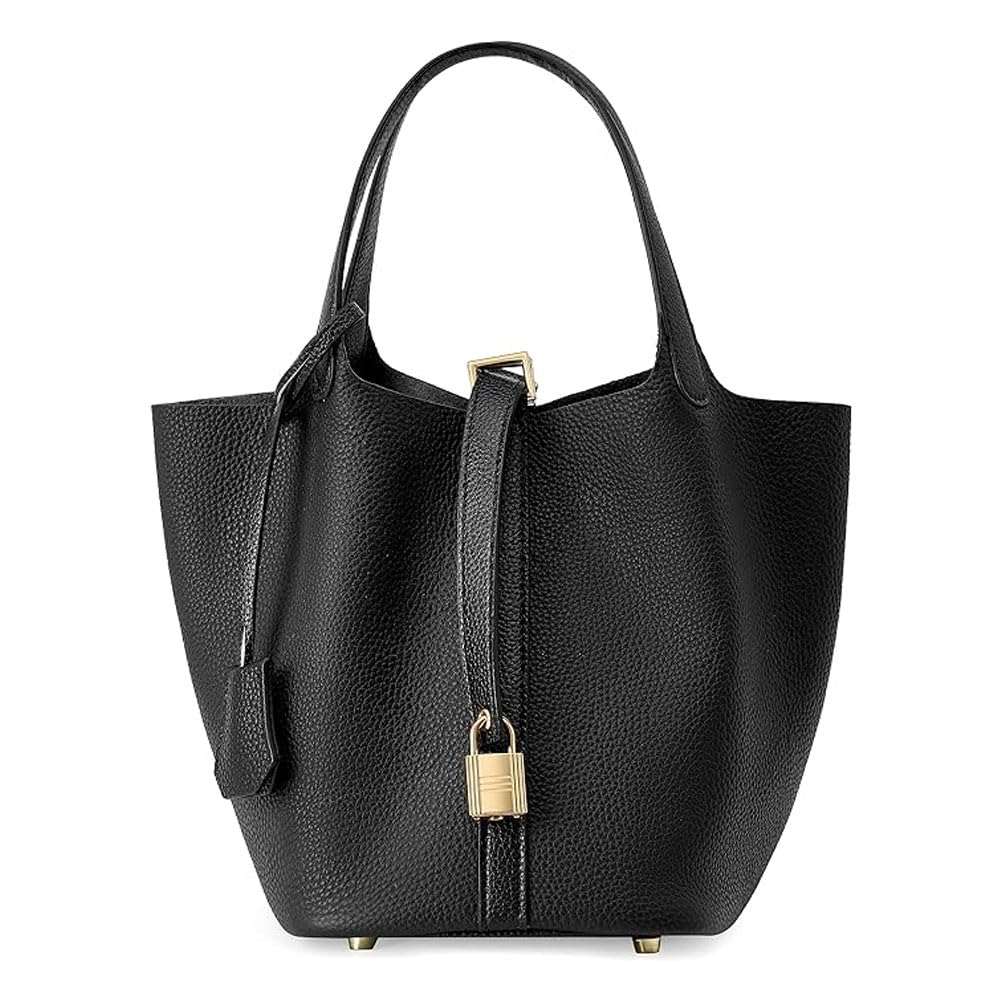 RR-INTLWomen Genuine Leather Bucket Bag Fashion Lock Design Small Satchel  Purse Handbag Ladies Daily Casual Soft Shoulder Bag