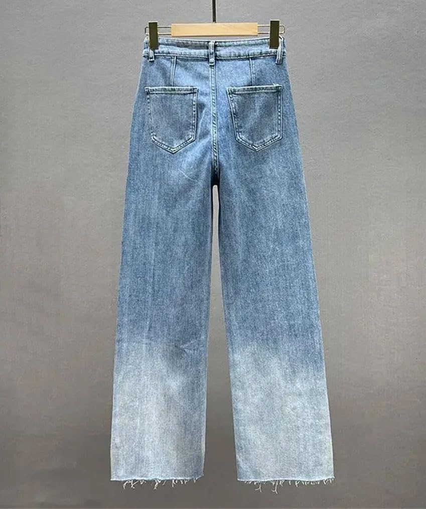 Fashion Rhinestones Jeans for Women Wide Leg Raw-Hem Pants Spring Vintage High Rise Loose Pants