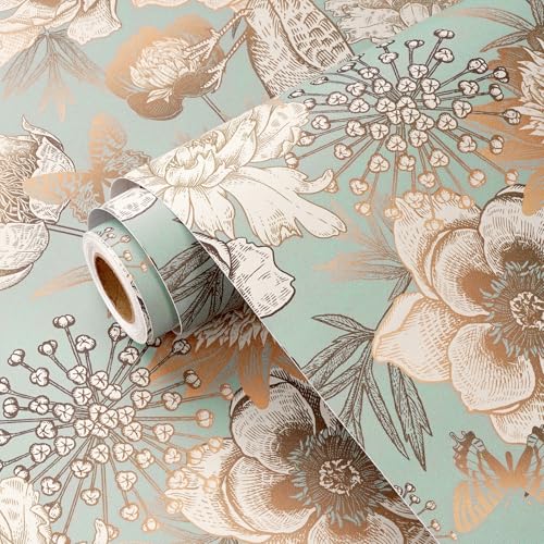 Yullpaper Papel Pintado Flores Verde Dorado Vinilo Adhesivo Muebles Papel Pintado Pared Dormitorio Papel Tapiz Autoadhesivo Con Flores y Pájaros Vintage Papel Decorativo Adhesivo Verde 44,5cm x 260cm