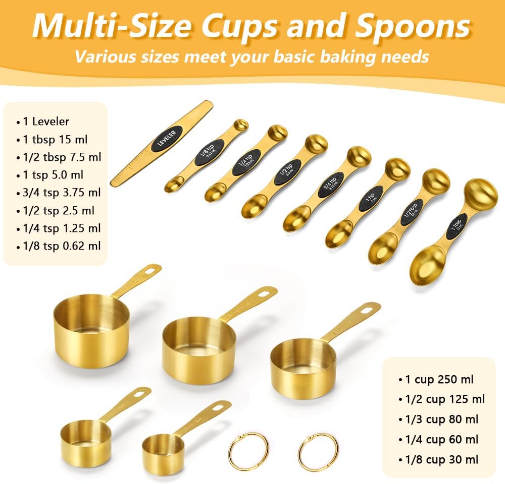 Gold Measuring Cups and Spoons, Set of 13, Including 8 Dual Sided Magnetic Measuring Spoons set with Leveler, 5 Measuring Cups, Stainless Steel Kitchen Gadgets for Liquid & Dry Ingredients