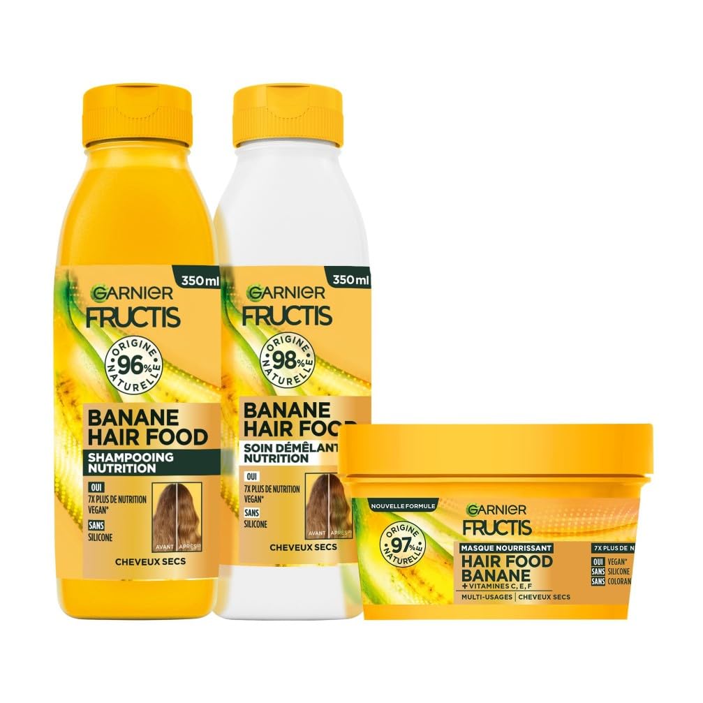 Garnier - Fructis Hair Food Banane - Routine 3 produits - Shampooing, Soin Démêlant & Masque Hydratants - Enrichi en Aloe Vera et en Vitamines C, E & F - Pour Cheveux Normaux À Secs