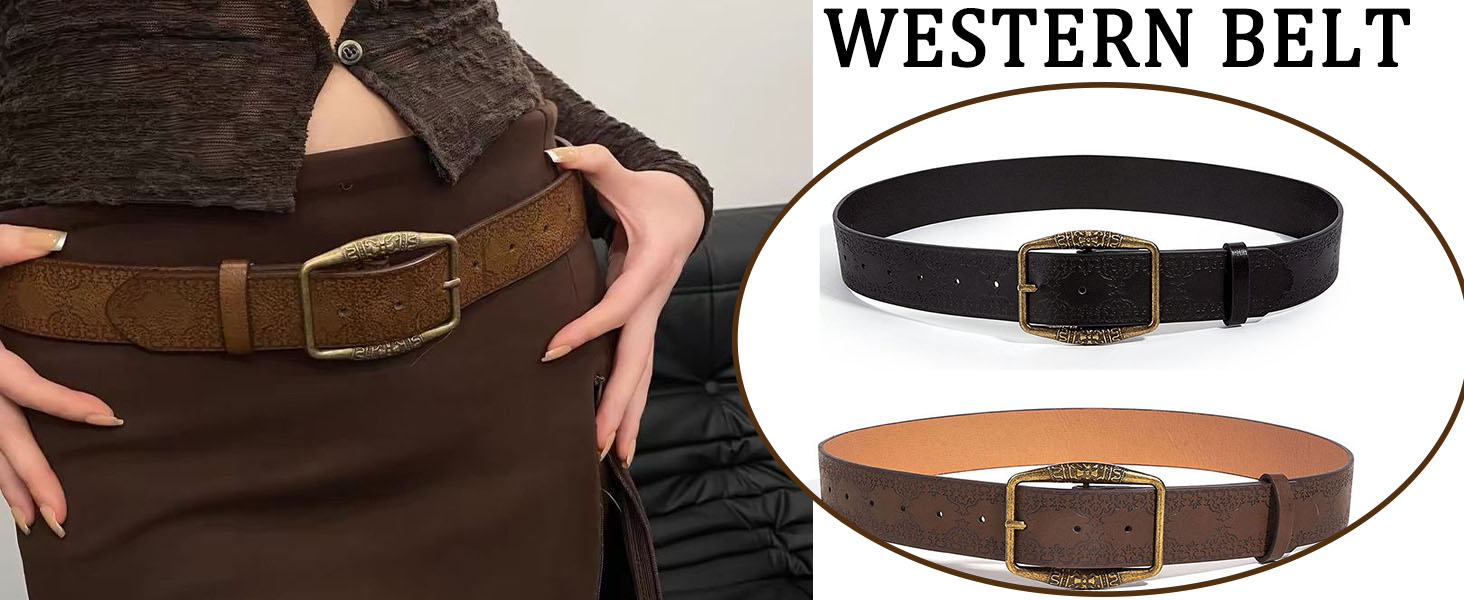 Flimire Western Belt for Women Gold Buckle Leather Belt 