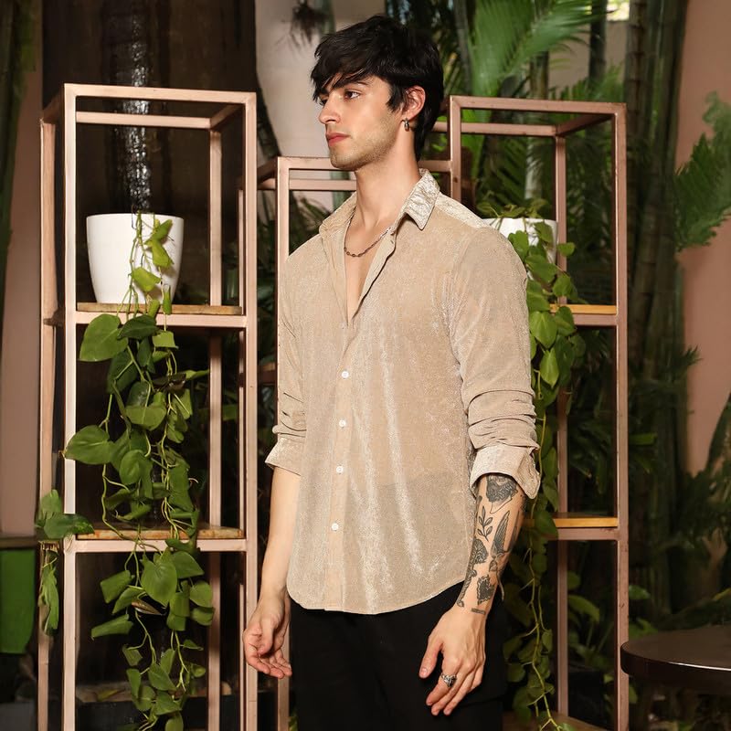 Image of CAHOOT Men's Olive Shirt Casual Wear | Shawl Collar | Long Sleeve | Button Closure | Shirt Crafted with Comfort Fit for Everyday Wear
