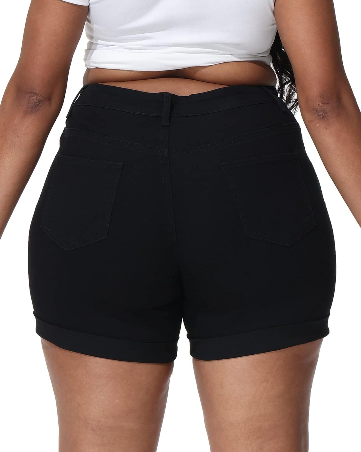 Womens Plus Size Jean Shorts Stretchy High Waisted Distressed Fold Hem Denim Shorts - Image 2