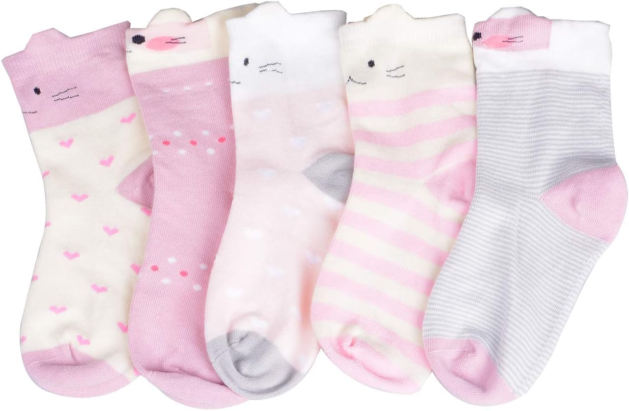 T.H.L.S Girls Socks 5 Pairs Kids Cotton Winter Thicker Animals Cat Bear Toddler Crew Socks Age 0-15 Year - Image 2