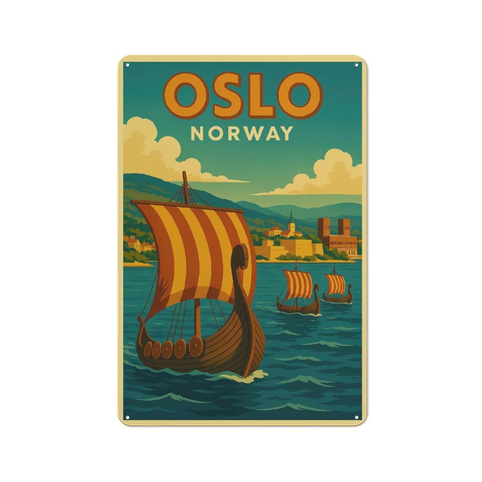 Junmoney Style-13 Creative Oslo Norway Vintage Travel Tin Sign 30X20cm, Study Room Decor For Workspace, Cafe, Shop Or Desk Area