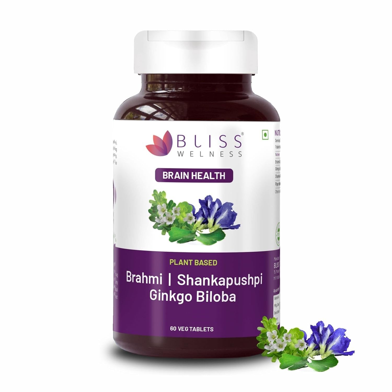 Bliss WelnessBrain Booster,Brahmi Shankpushpi Ginkgo Biloba & Piperine,Brain Memory Booster Mind Focus Mood,Nootropics Cognitive Development Concentration Power-60 Vegetarian Tablets