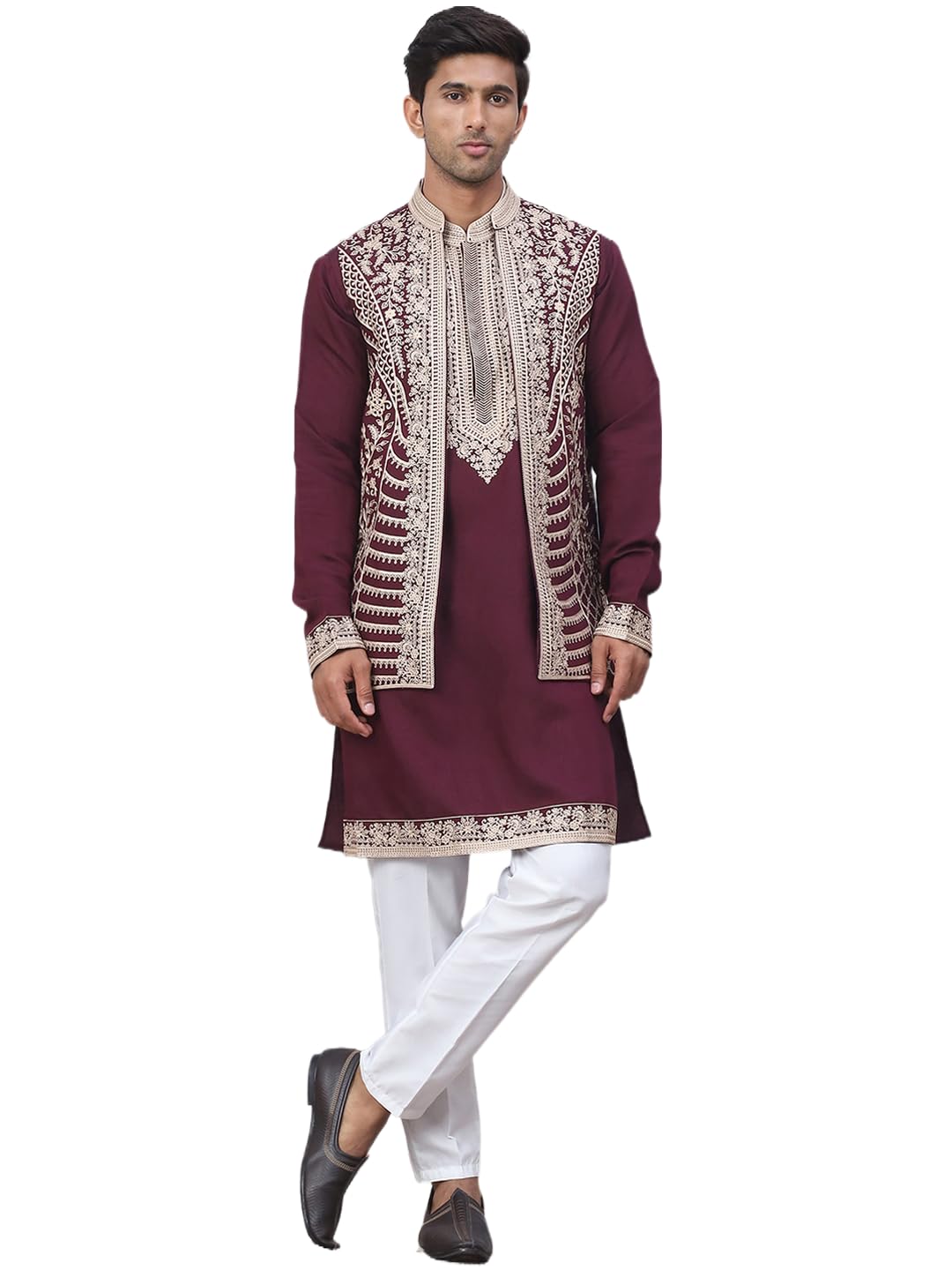 Jompers Maroon Mens Embroidered Waistcoat And Kurta Pyjama. (Maroon, M)