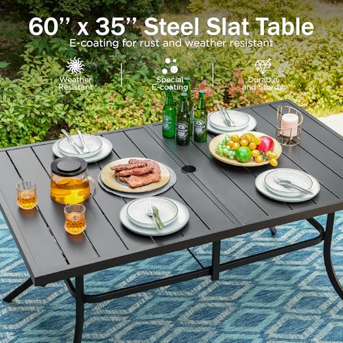 PHI VILLA 7 Pieces Outdoor Dining Set for 6, Black Rectangle Wrought Iron Table with Umbrella Hole & Swivel Metal Chairs with Cushions, Modern Furniture for Patio, Deck, Yard, Porch