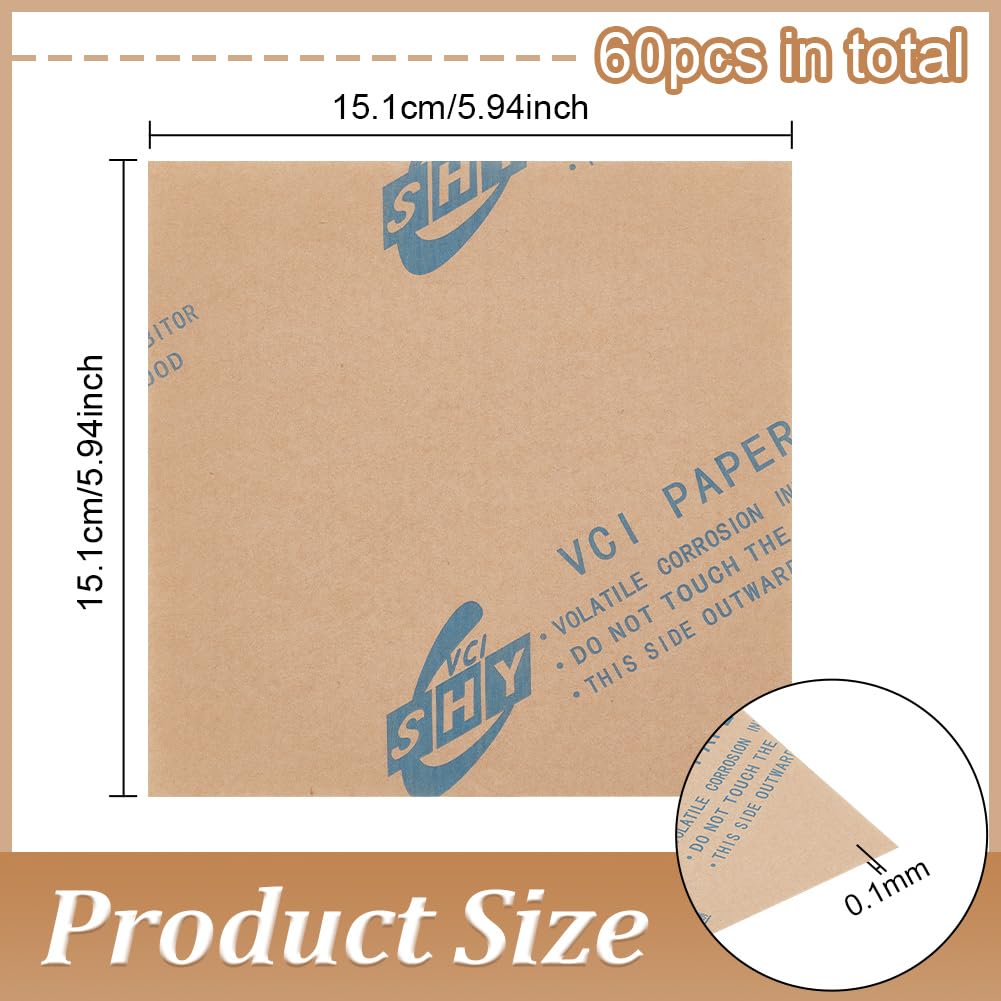 BENECREAT 60 hojas de papel antioxidante, 15 x 15 cm, papel anticorrosión de 0,1 mm de grosor para proteger joyas, artículos de metal, equipos electrónicos y musicales
