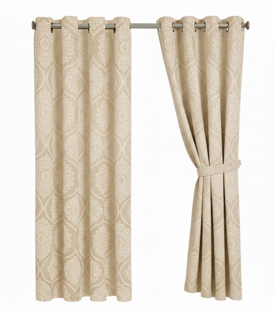 Opulent Dreams Damask Print Room Darkening Curtains - Thermal Insulated Eyelet Top with Tiebacks - Energy Saving Bedroom Drapes, Set of 2 Panels (Beige, 66" x 90" (168 x 228 cm)) — image 1