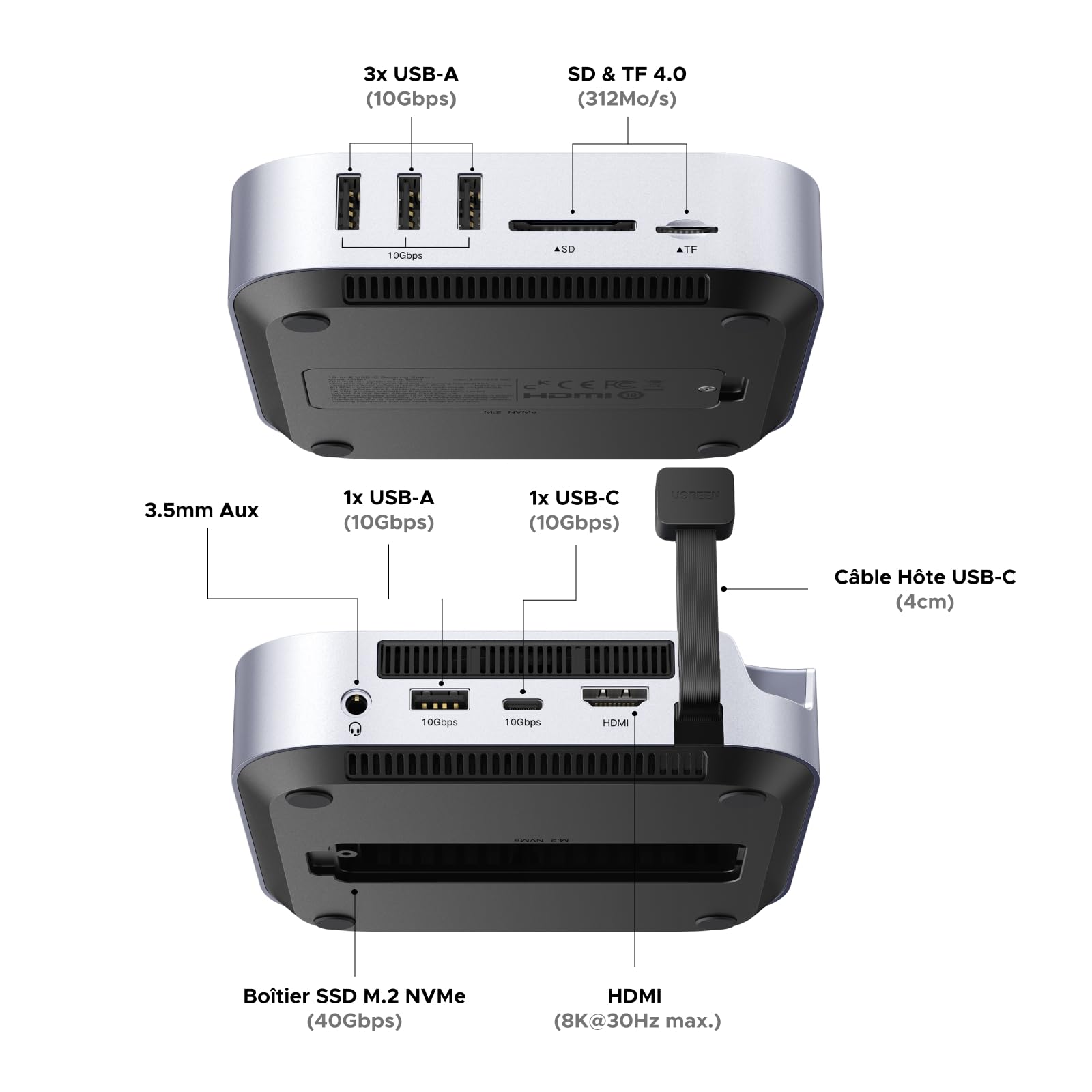 UGREEN USB4.0 40Gbps Docking Station et Support pour Mac Mini M4 et M4 Pro | 10 Ports, avec Boîtier M.2 NVME SSD, HDMI 8K 30Hz Max, 5 USB 3.2 4A1C 10Gbps, Lecteur de Carte SD TF 4.0, 3.5mm Audio
