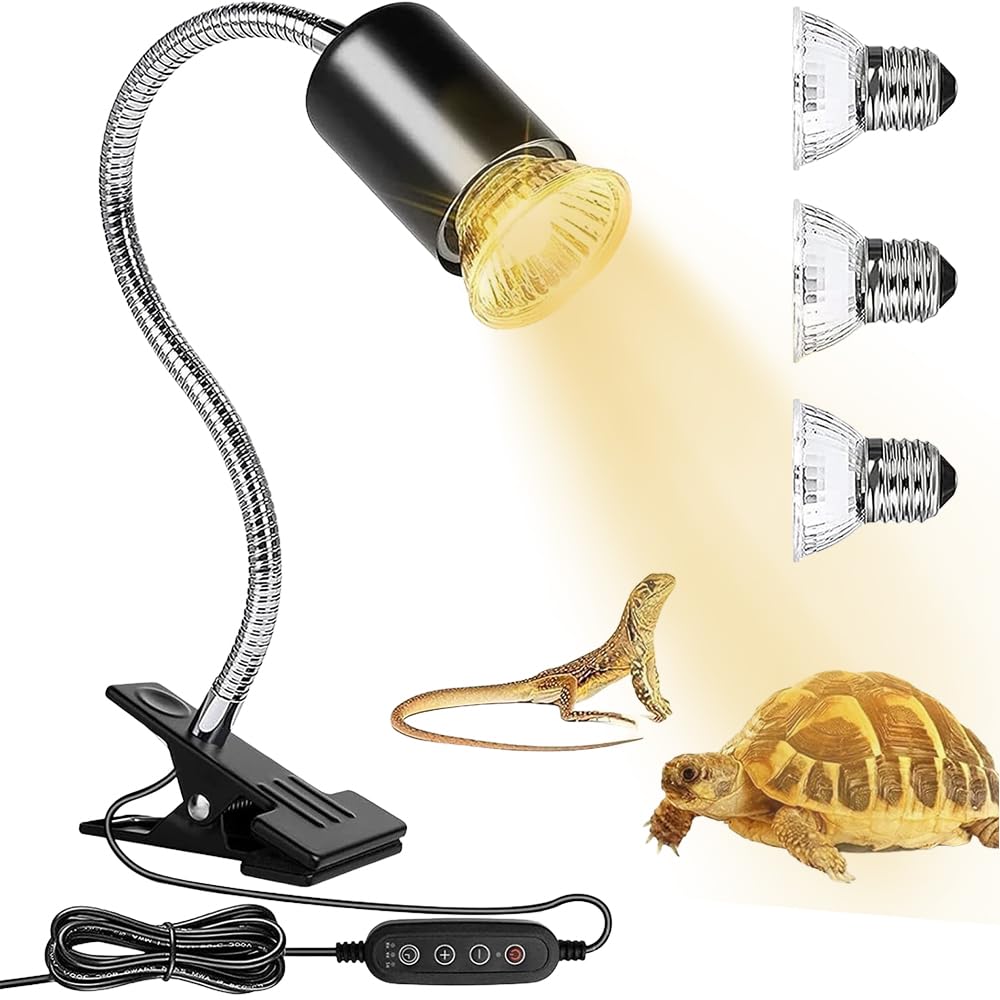 Lámpara para Tortuga, Lámpara de Calor de Reptil, Luz Caliente para Tortugas con Clip con Interruptor de temporizador y 2 lampadine da 25W 50W para Reptiles y Anfibios