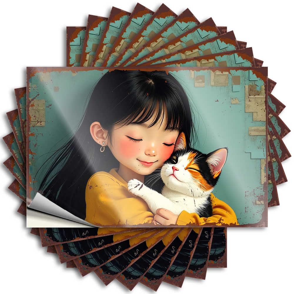 Fzfn Girls Colour Fun Decal Tumbler | In Yellow Embracing Her Calico Cat Heavy Billiards Sticker Pack(6X9cm)