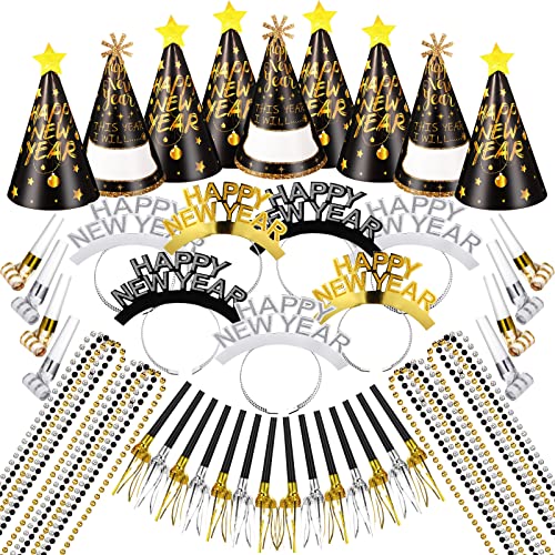 Canlierr 120 Pcs 2025 New Years Eve Party Supplies for 24 Include Cone Hats, Glitter Tiaras, Beaded Necklace, Tassel Squawkers, Curled Squawkers Silver Gold Black New Years Party Favor Decor (Classic)