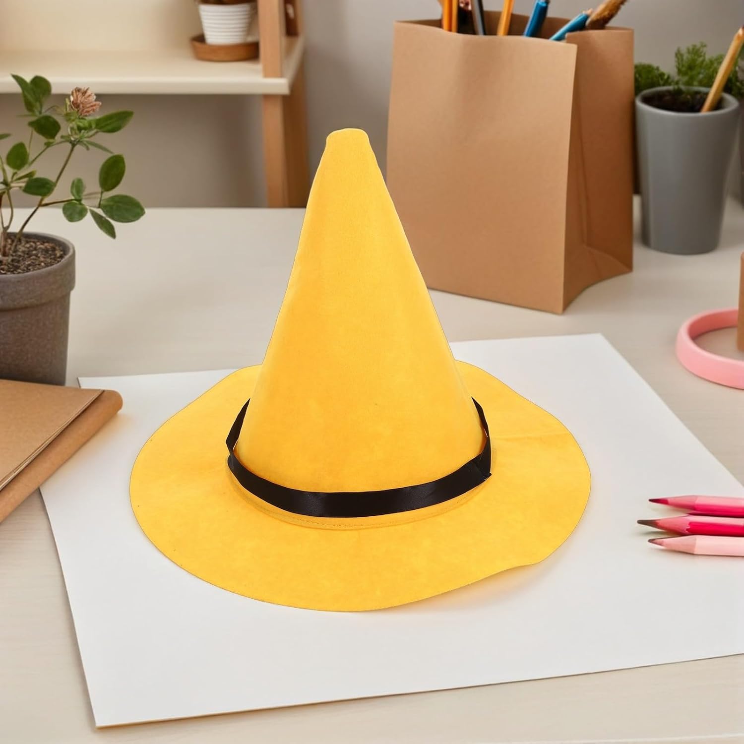 Housoutil 2pcs Yellow Witch Hat, Soft Felt Wizard Hat Cosplay Prop, Yellow Pointed Witches for Men Women, Halloween Party Costume Accessory