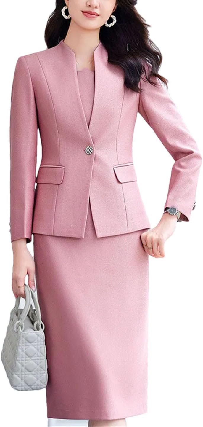 Women Blazer Vest Dress Set Executive Workwear Two Piece Set Office Lady Style Round Neck Long Sleeve Slim Fit Dress Suits
