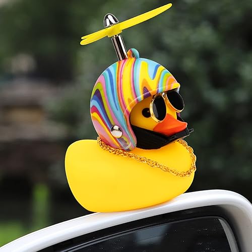 Vista 27 de wonuu Adornos de pato de goma para automóvil, decoración de tablero de instrumentos de pato amarillo, cuernos de bicicleta de pato con casco