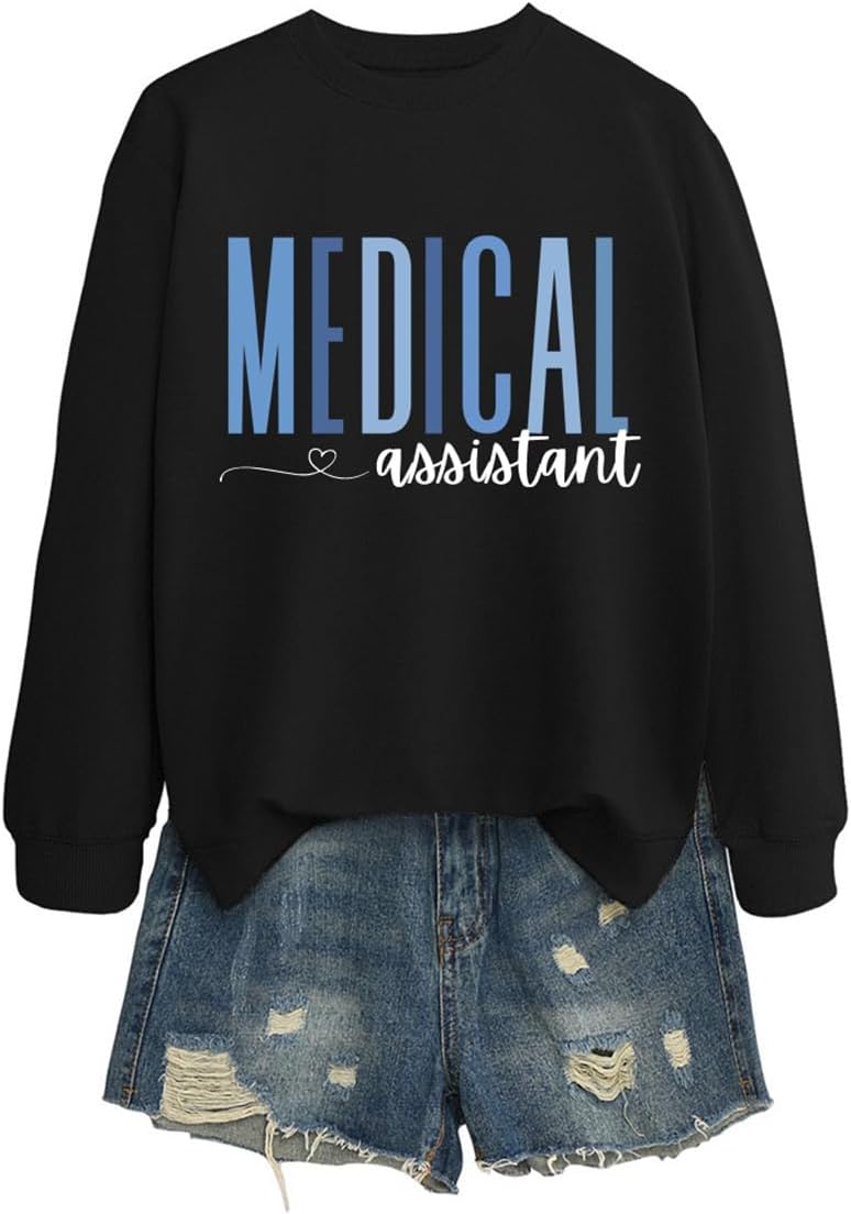 Medical Assistant Sweatshirt Womens Cute Medical Assistant Student Shirts Long Sleeve MA CMA Nurse Pullover Tops
