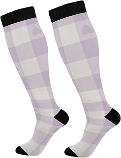 501 Compression Socks Checkered And Purple Hearts Sports Socks Soft Calf Socks Light Weight Crew Socks For Women Walking Outdoor 40cm
