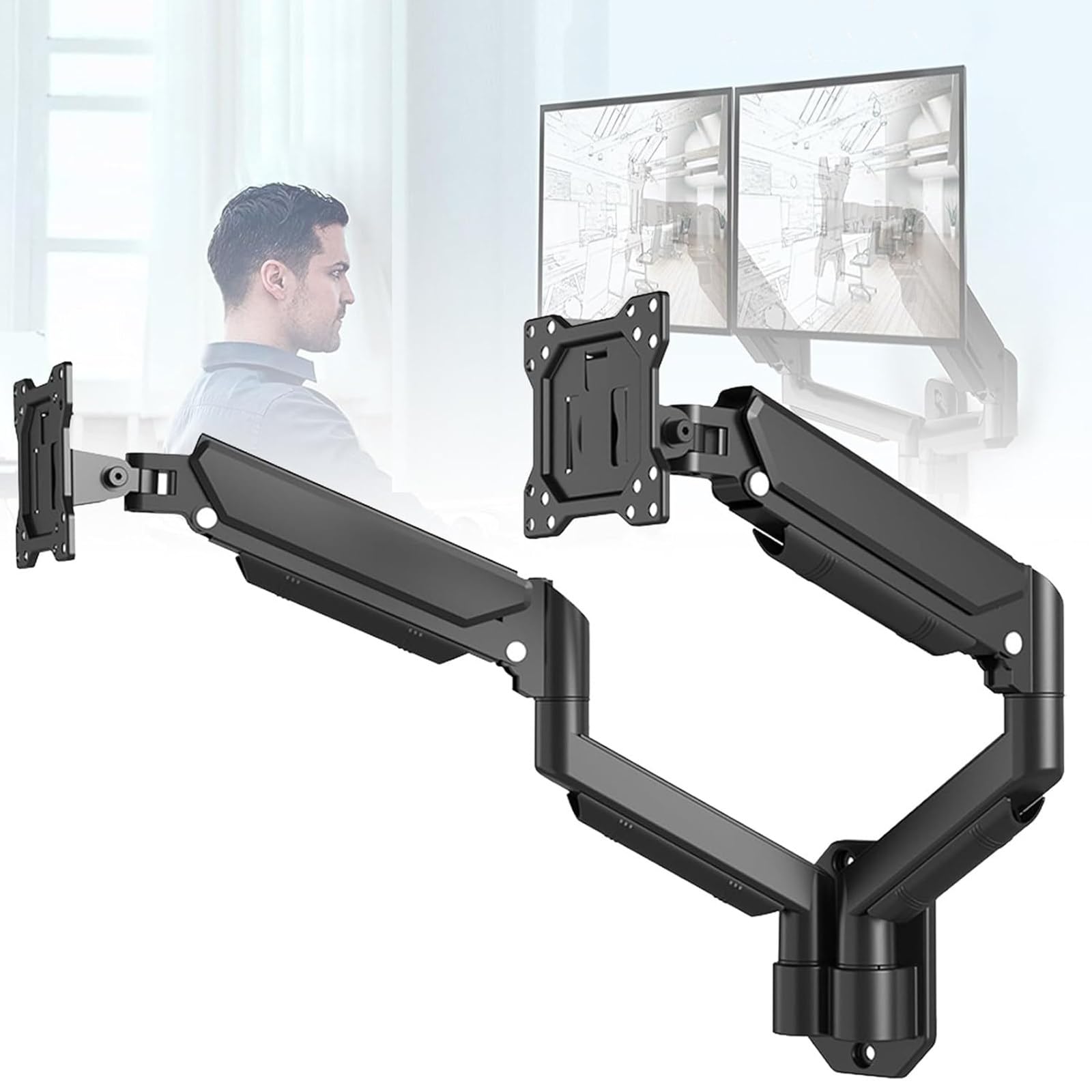 Soporte De Pared Para Dos Monitores, Con Brazos Ajustables, Para Monitores De 17-27″ (Capacidad De Carga De 17,6lb Por Brazo), VESA 75/100mm, Para Oficinas En Casa Y Configuraciones De Juegos