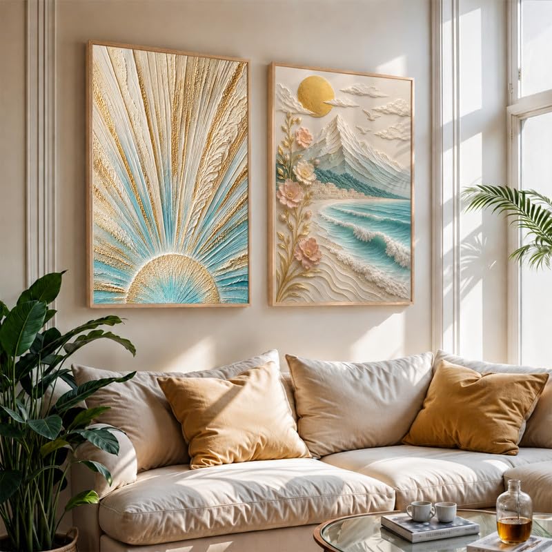 Image of NoWorries Coastal Sunrise Wall Painting Set of 2 with Frame | Textured Sunburst & Beach Landscape Artwork, Ocean Mountain Floral Nature Wall Decor for Living Room, Bedroom, Office and Home Decoration (Art-3, 17x25inch)