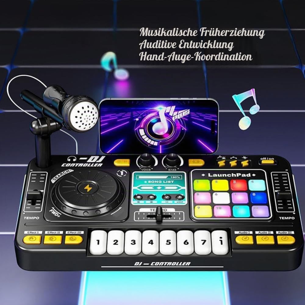 Dj Pult，Dj Set，Bluetooth mit verstellbarem Mikrofon, mit Farbverlauf-Lichteffekten,batteriegespeist,geeignet als DJ-Einsteiger-Spielzeuggeschenk