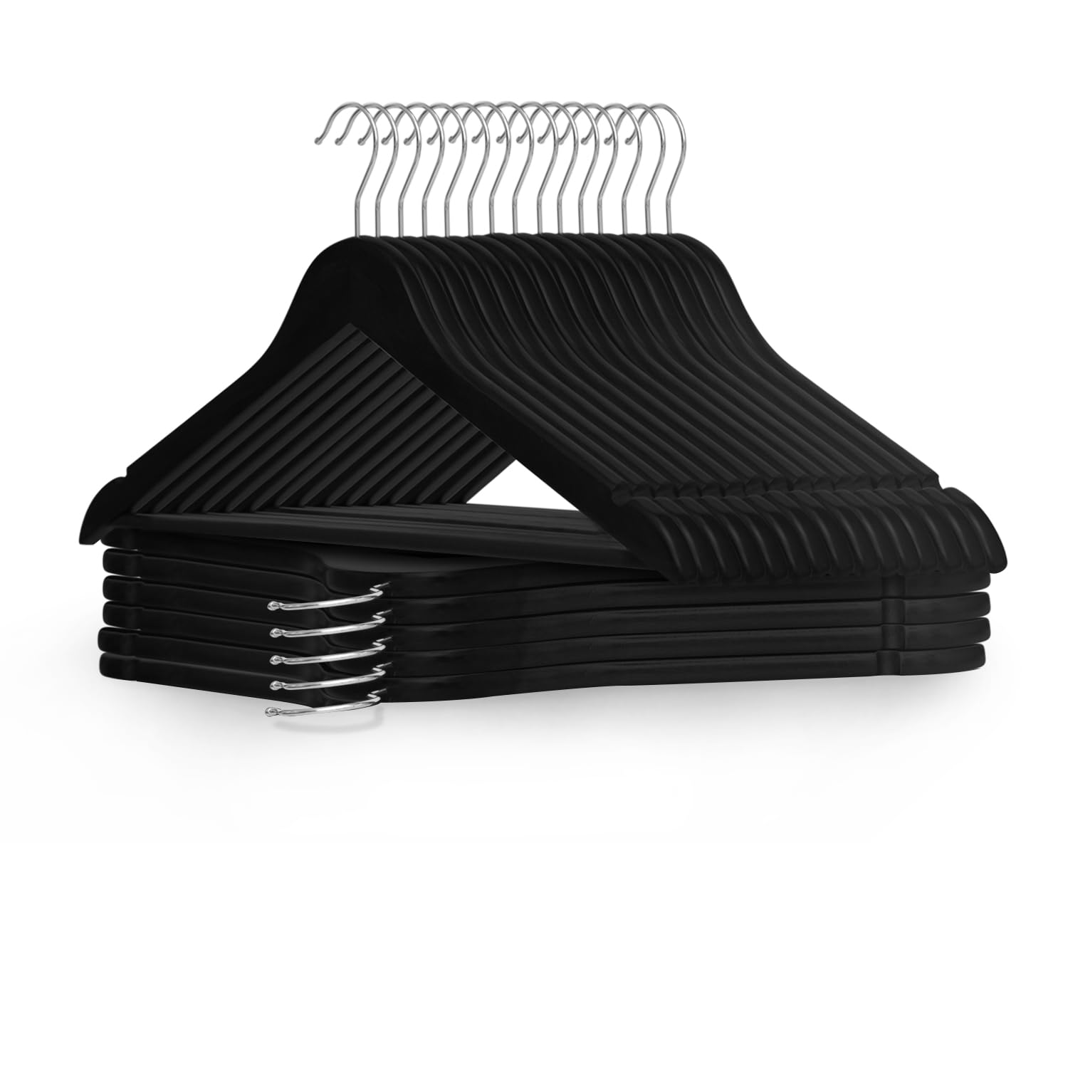 KEPLIN Strong Wooden Coat Hangers with 360 Degree Rotatory Hook & Round Trouser Bar & Shoulder Notches - Durable Wardrobe Space Saver - Suitable for Coat, Jacket, Suit, Jumper (Black, 20 Pack)